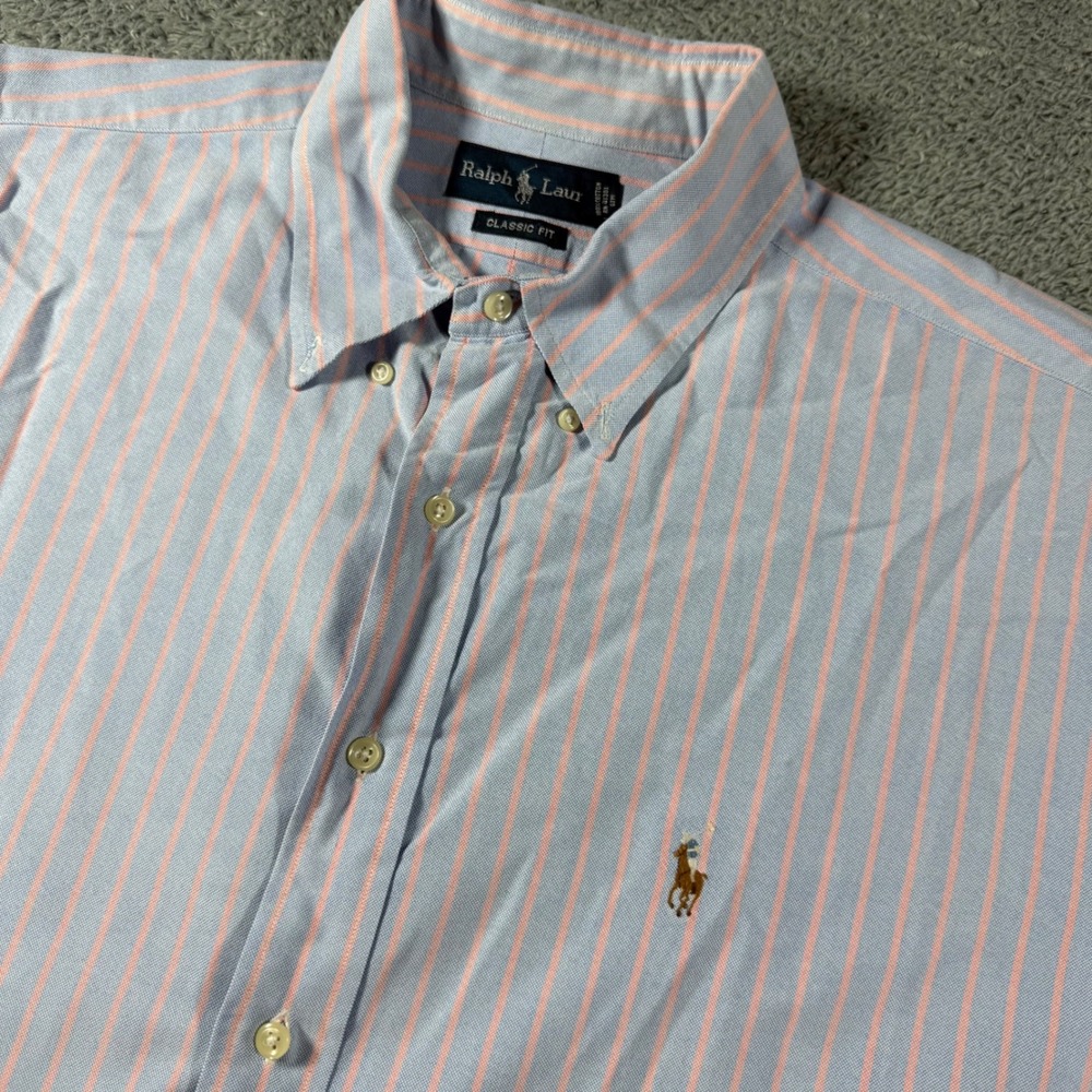 VTG Polo Ralph Lauren Oxford Button Down Shirt OCBD Men 17.5 34/35 Striped Flesh
